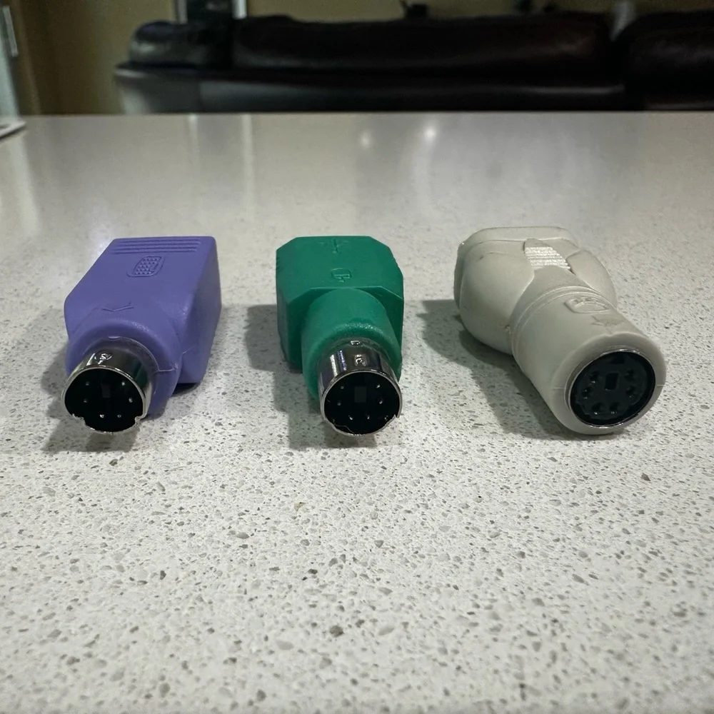 Set of Three Computer Adapters - Gray, Green, Purple. PS/2 keyboard to USB.